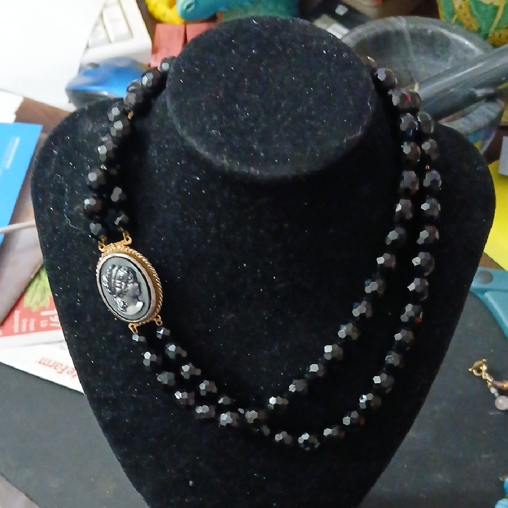 Elegant Black Beaded Cameo Necklace